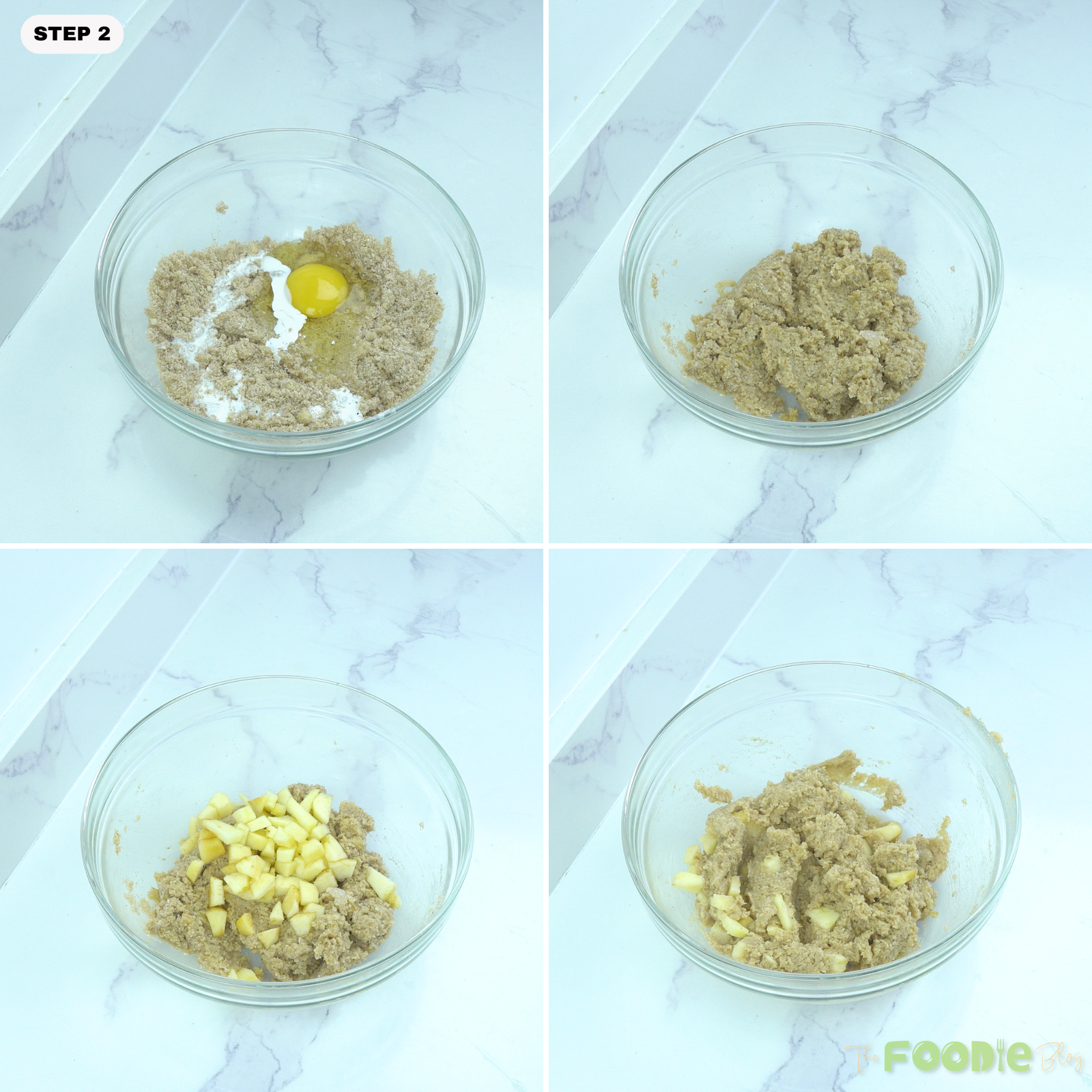 Step-by-step collage showing egg, cream, and diced apple being mixed into almond flour scone dough.