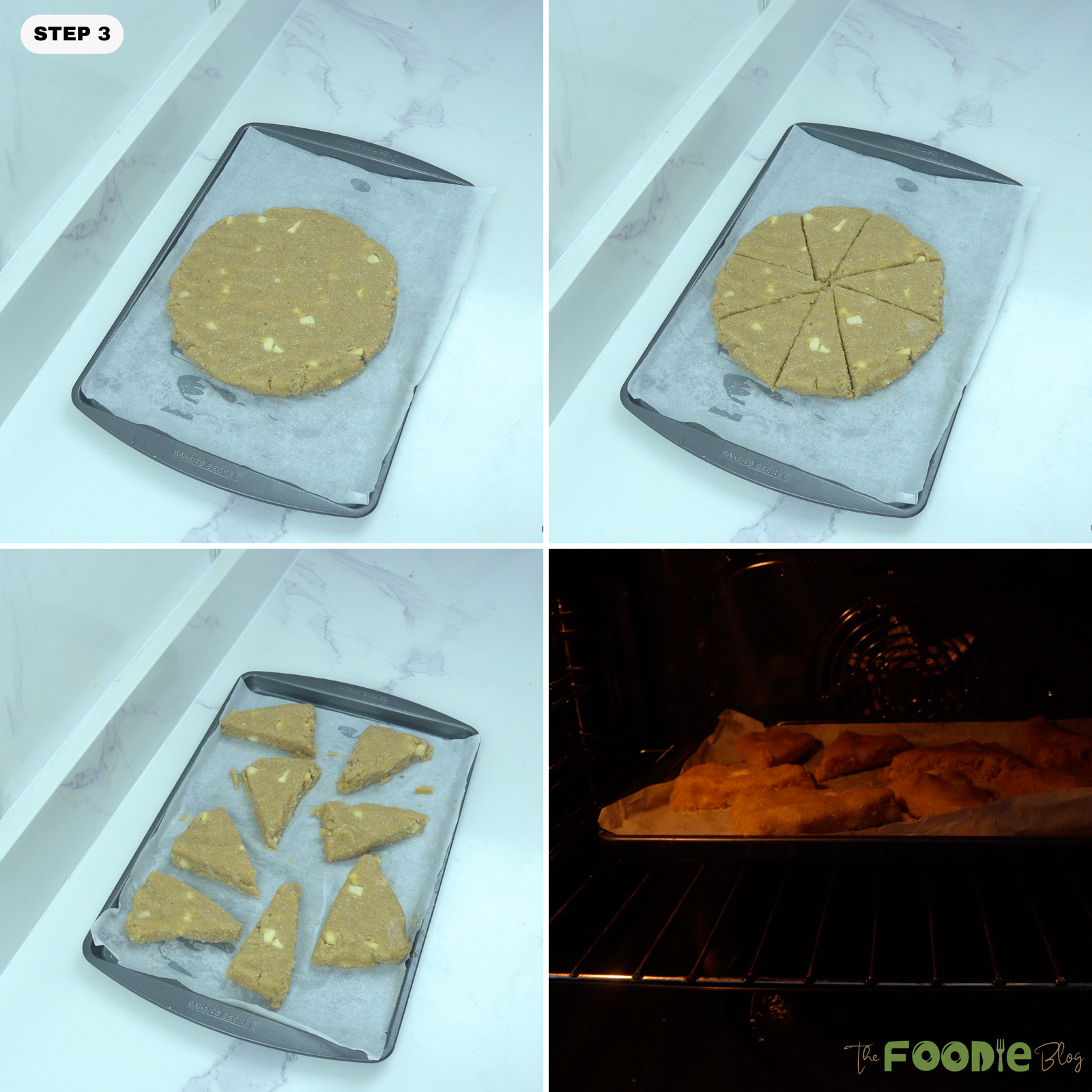 Step-by-step collage showing keto scone dough shaped into a round, cut into wedges, separated on a baking sheet, and baked in the oven.