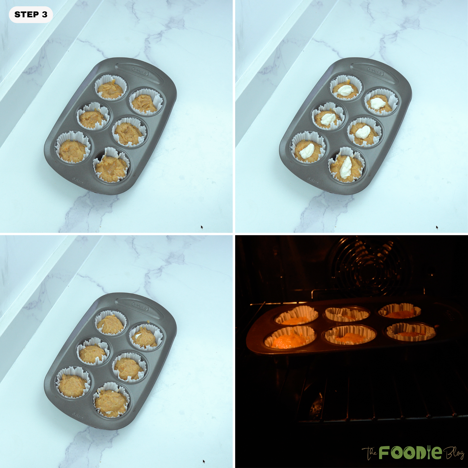 Pumpkin muffin batter spooned into lined muffin cups, topped with cream cheese filling, then covered with more batter before baking