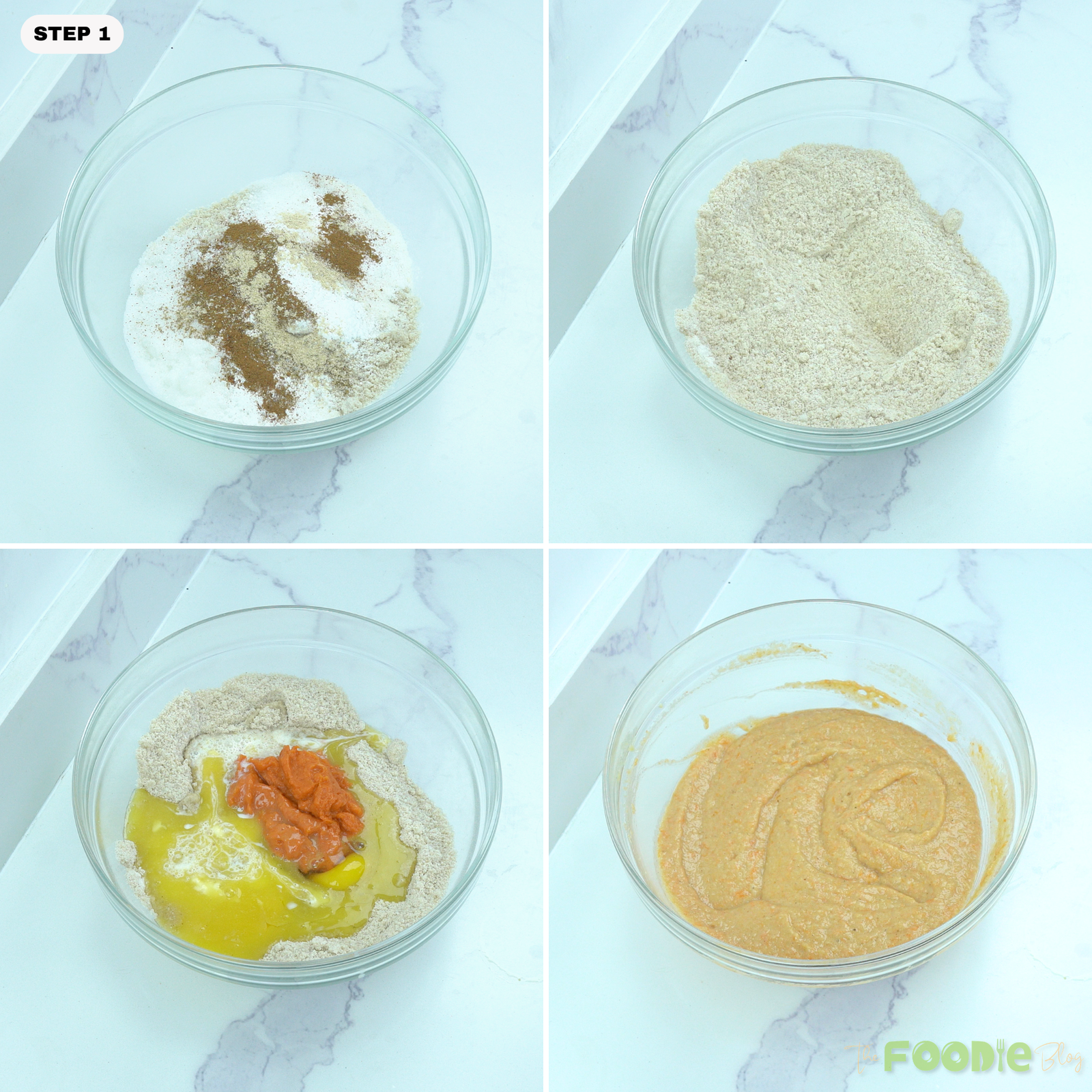 Dry ingredients for keto pumpkin muffins mixed in a bowl, then combined with pumpkin, eggs, and melted butter