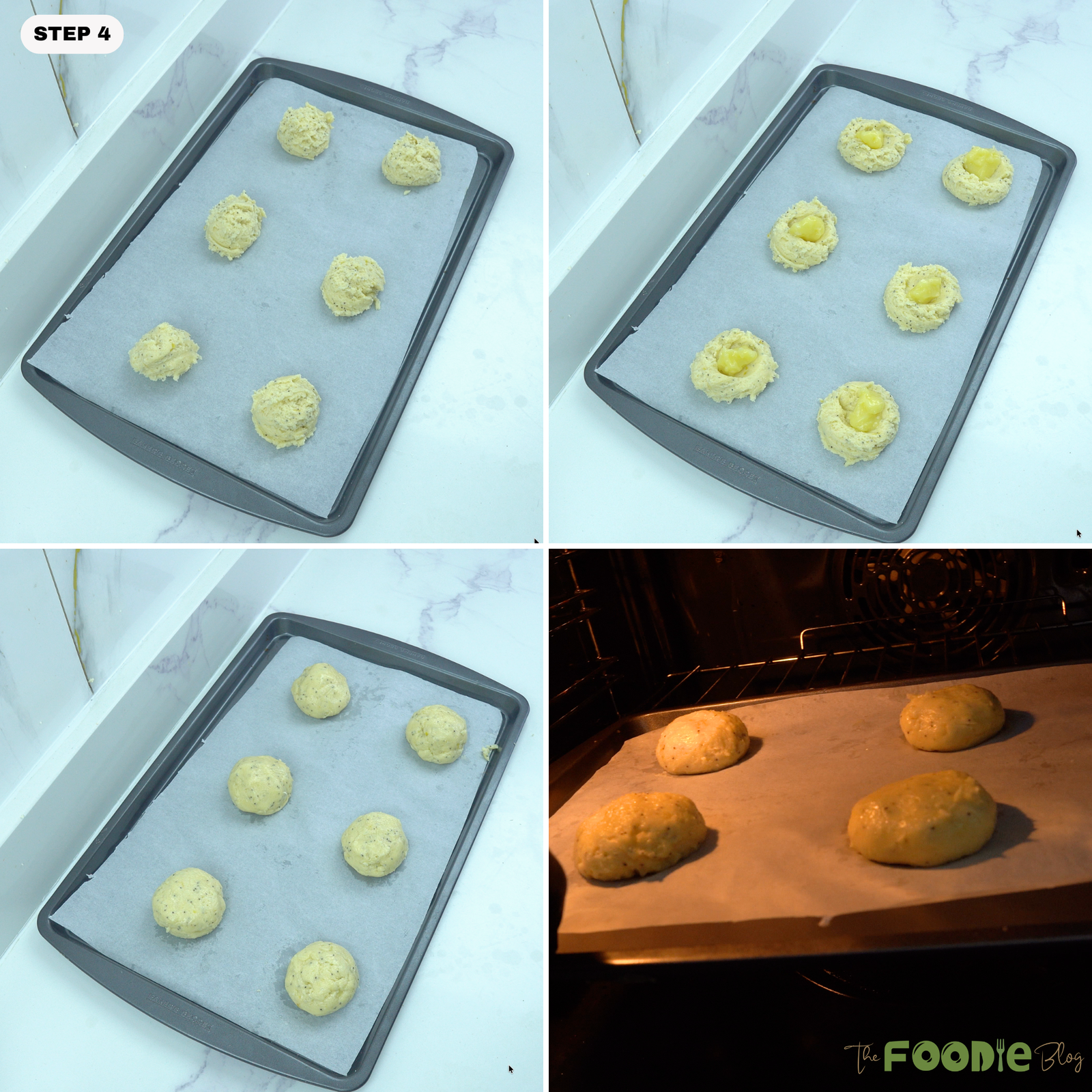 Cookie dough scoops on a baking sheet with lemon curd centers, sealed into balls, and placed in the oven