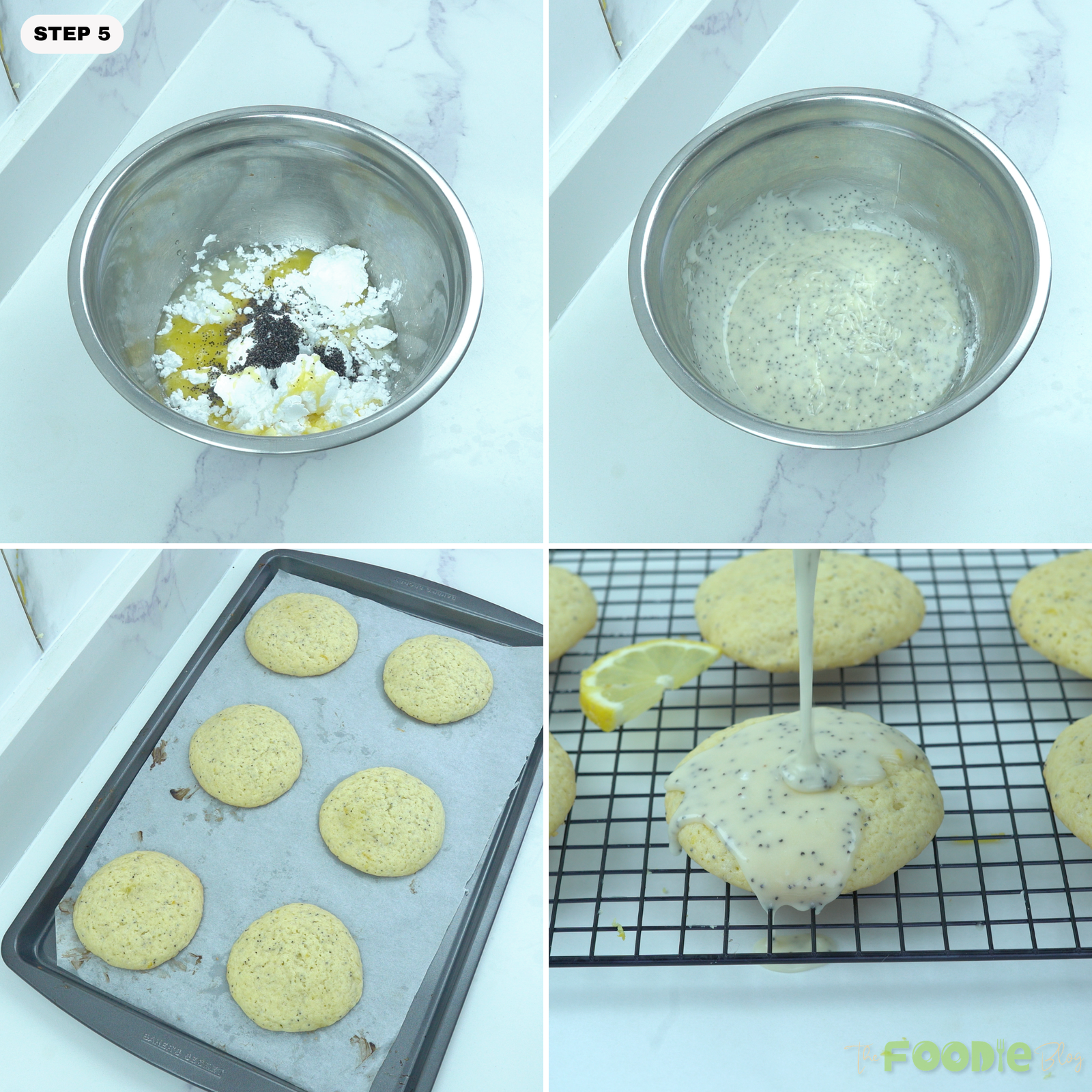 Lemon glaze being mixed with poppy seeds, baked cookies on a tray, and glaze poured over cooled lemon poppy seed cookies