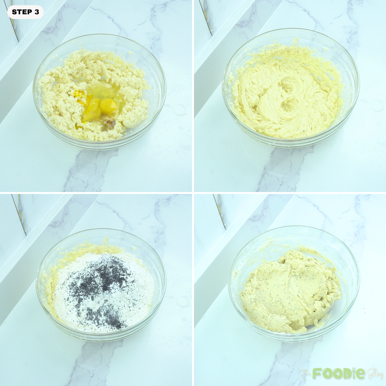 Eggs added to the creamed mixture, followed by flour and poppy seeds mixed into lemon cookie dough