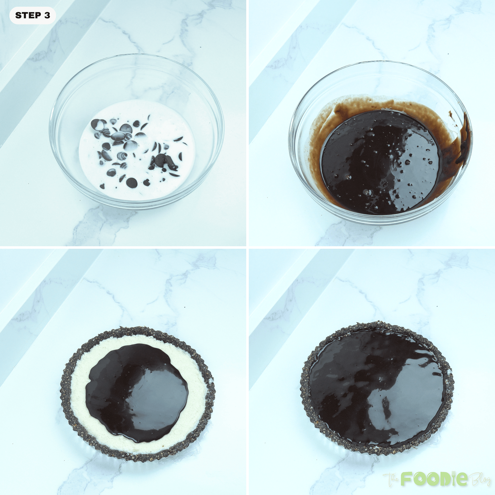 Step-by-step collage showing the chocolate topping being melted and poured over the coconut filling for No-Bake Vegan Bounty Tart