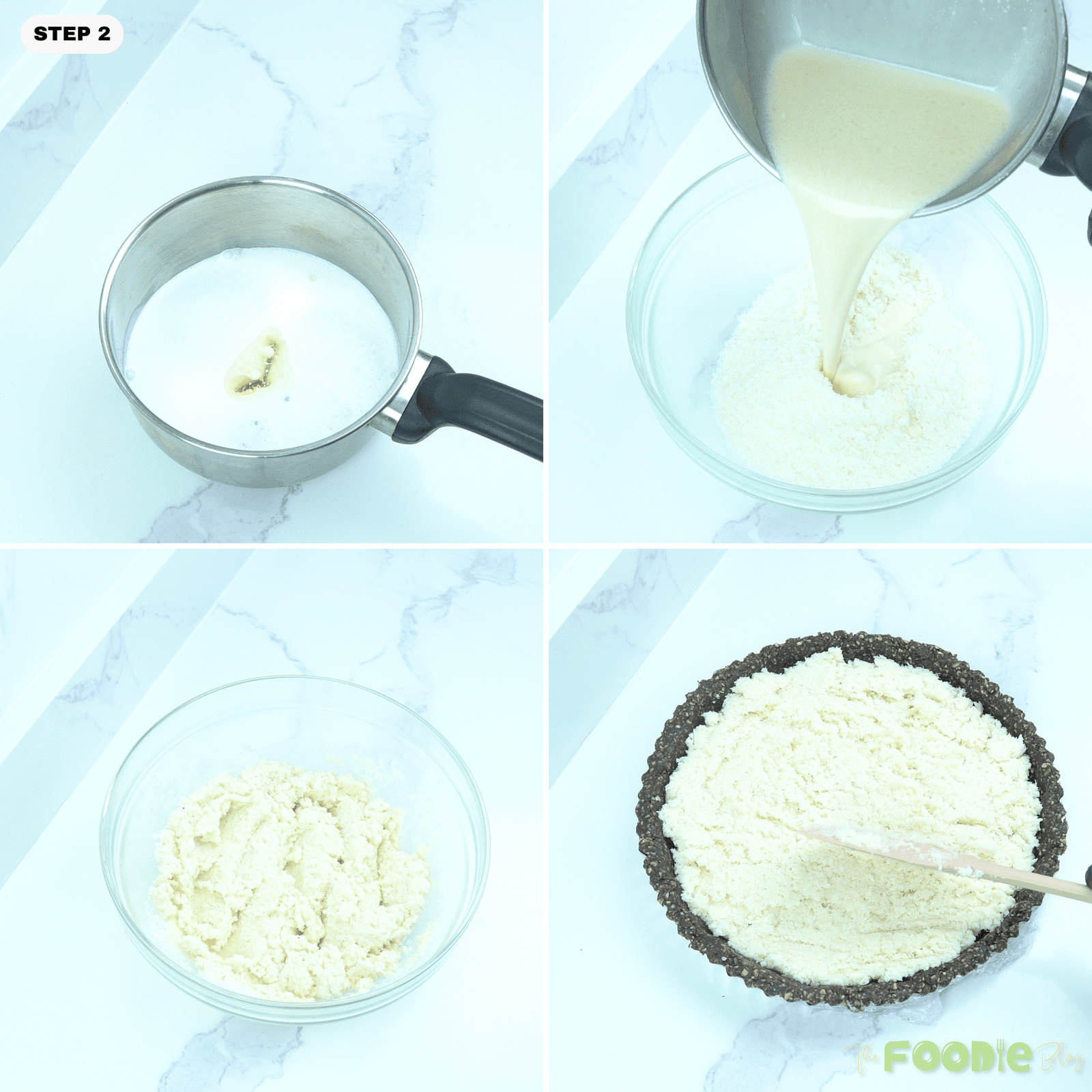 Step-by-step collage showing the coconut filling being made and spread into the tart crust for No-Bake Vegan Bounty Tart