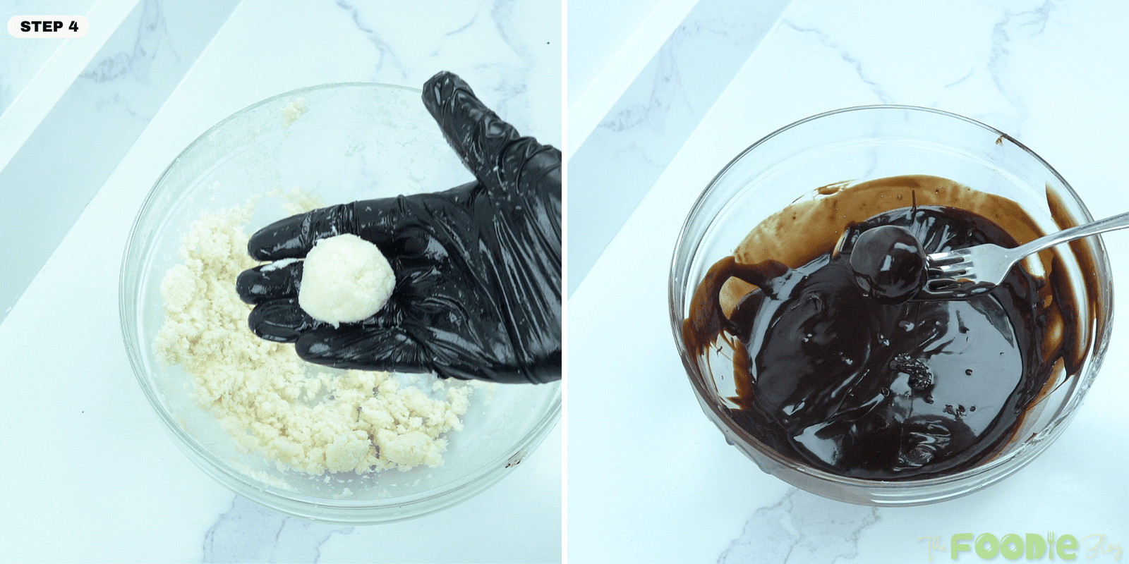 Step-by-step collage showing coconut balls being shaped and chocolate-coated decorations prepared for No-Bake Vegan Bounty Tart