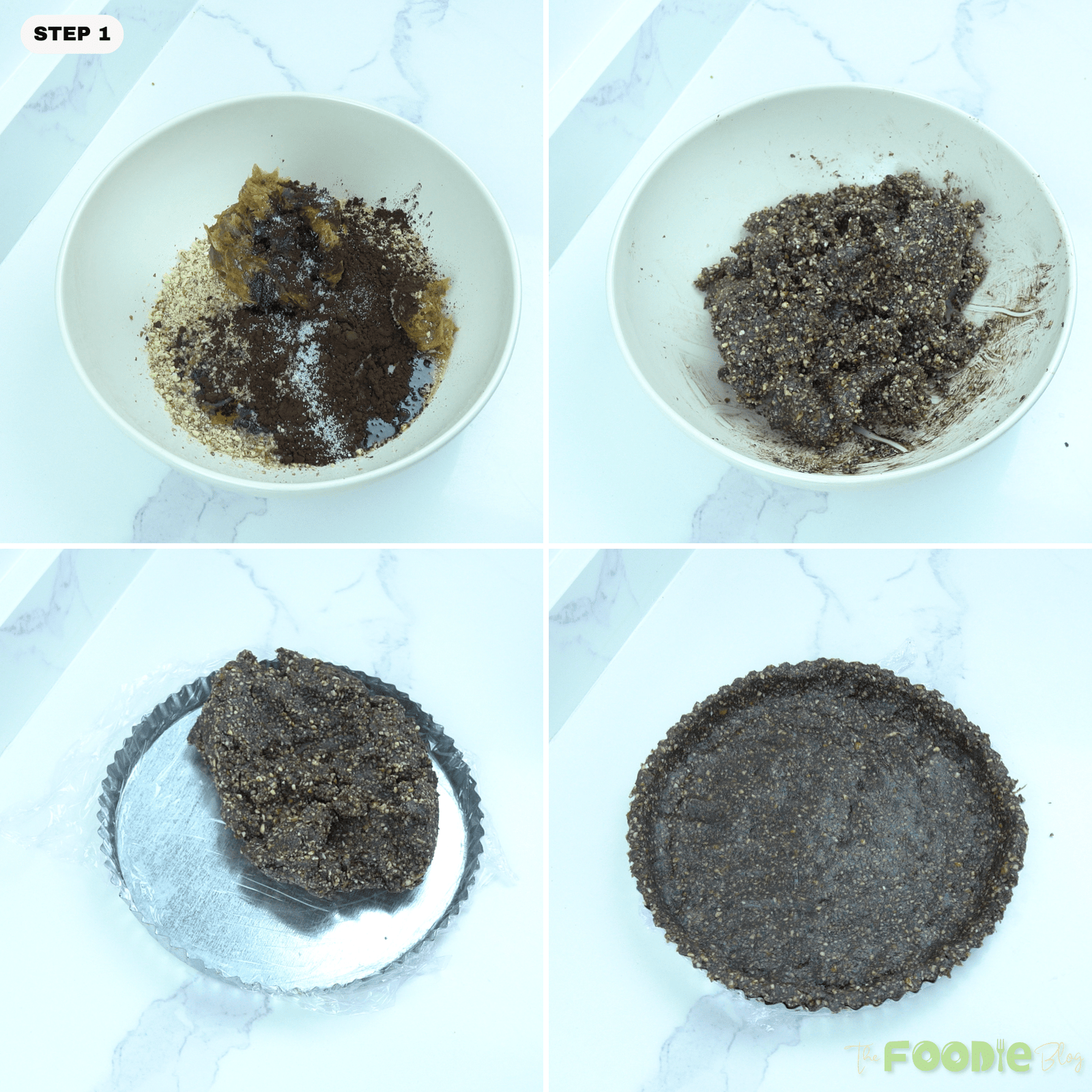Step-by-step collage showing the crust ingredients mixed and pressed into the tart pan for No-Bake Vegan Bounty Tart