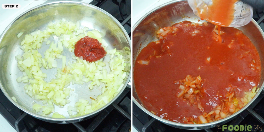 Tomato paste added to sautéed onion and tomato sauce poured into the pan