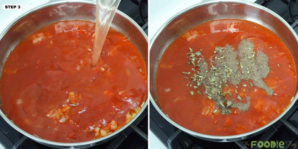 Water poured into tomato sauce with oregano and black pepper added