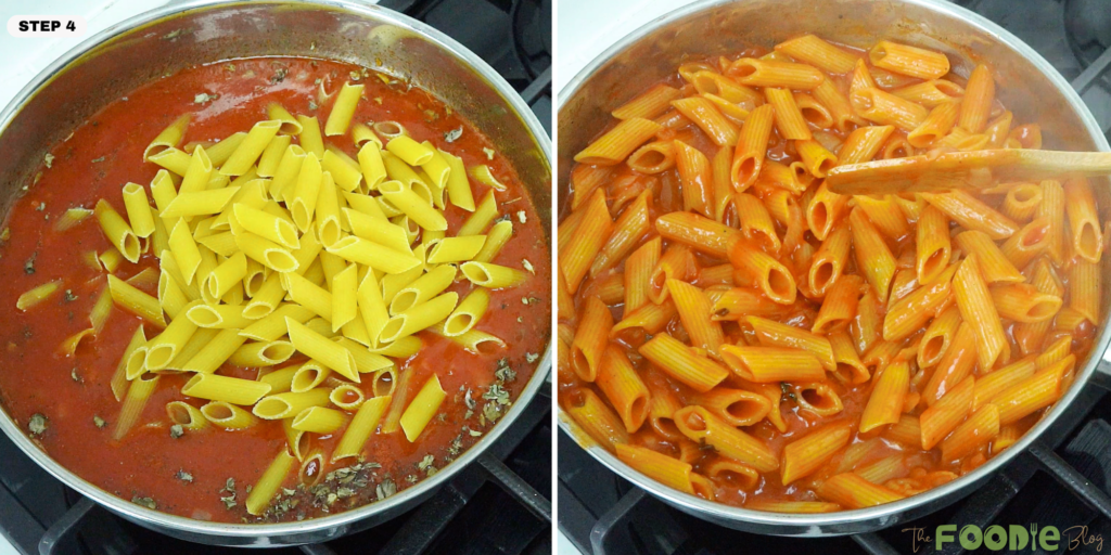 Dry pasta added to tomato sauce and stirred as it cooks in one pan