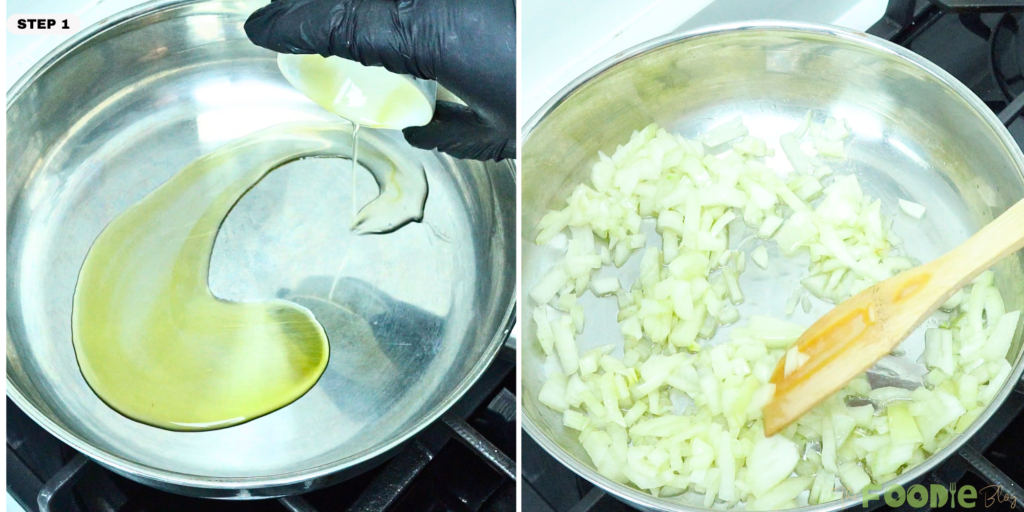 Olive oil heating in a pan and chopped onion cooking until soft
