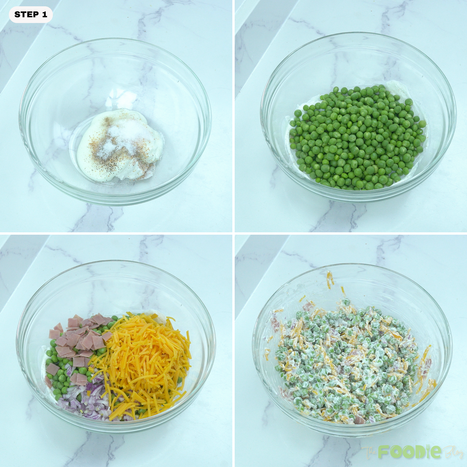 Step-by-step collage showing mayonnaise, sour cream, sugar, salt, and pepper mixed into dressing, then peas, bacon, red onion, and cheese added.