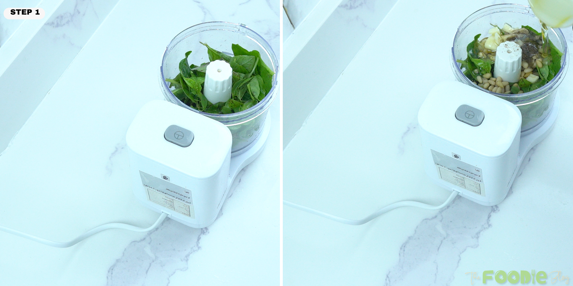 basil leaves, pine nuts, garlic, seasoning, and olive oil added to a food processor for pesto pasta