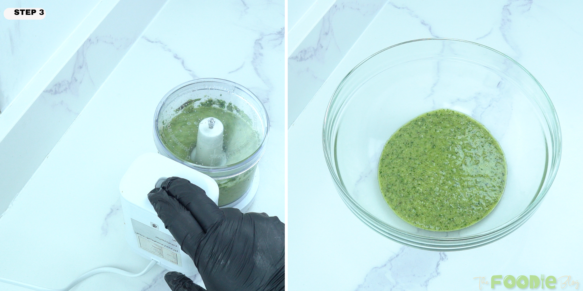 smooth homemade pesto sauce in a glass bowl after blending