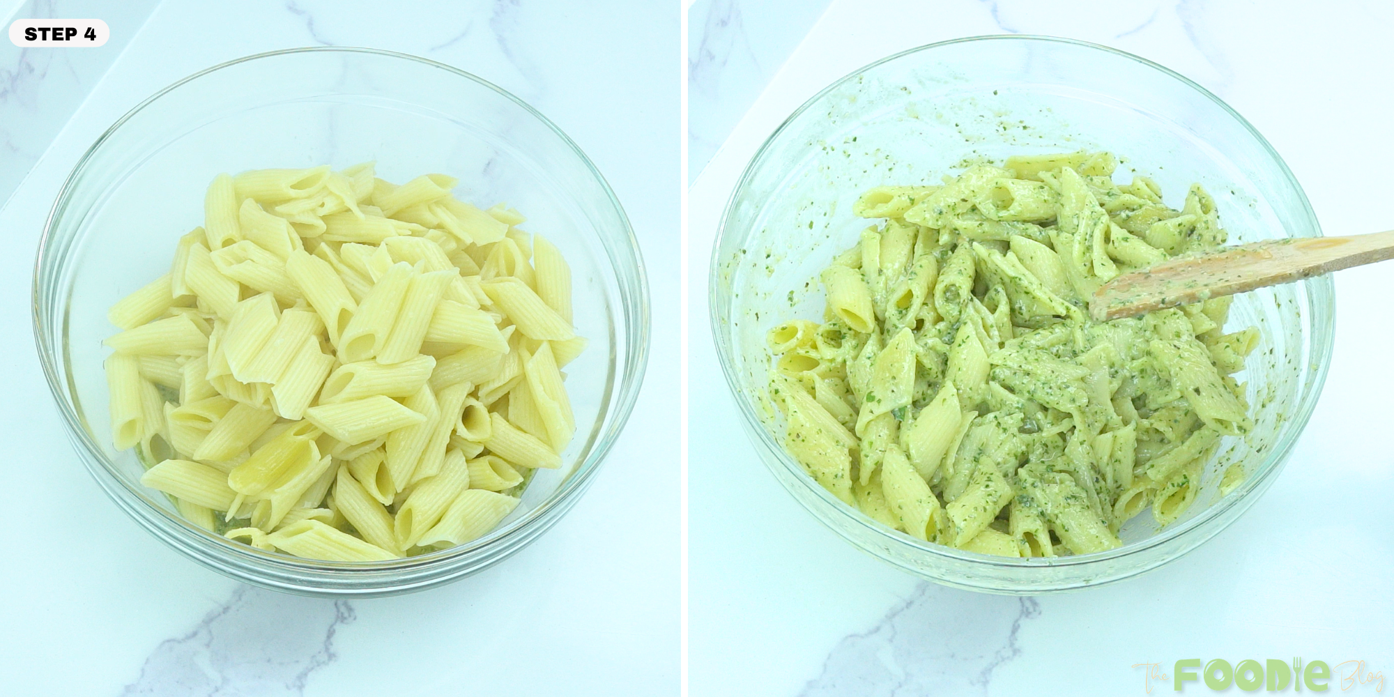cooked penne pasta being mixed with pesto sauce in a glass bowl