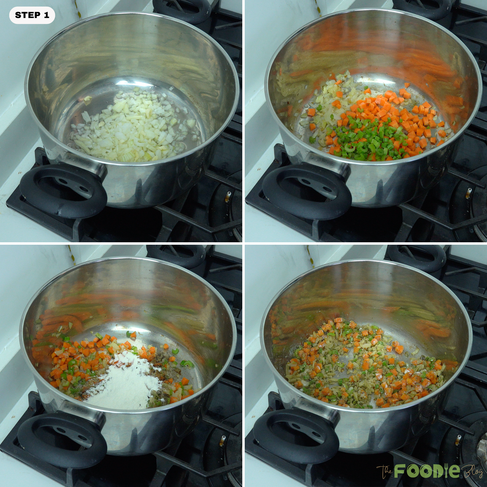 Onion, celery, and carrots cooking in a pot with flour and seasoning for potato soup