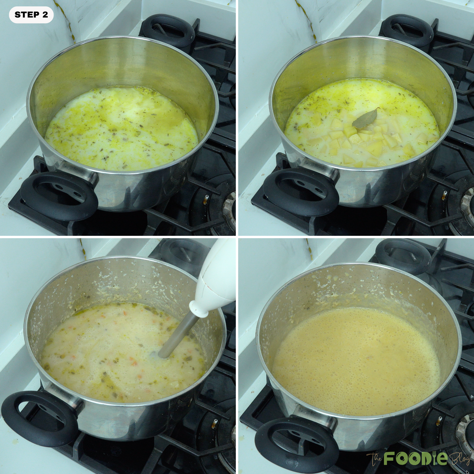 Milk and broth added to the pot with potatoes and bay leaf, followed by the soup being blended until smooth