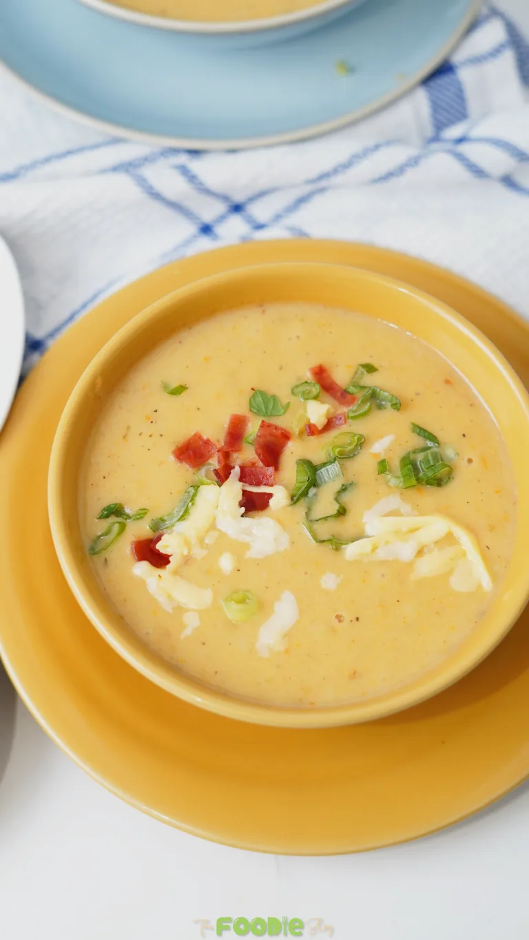 Creamy potato soup in a yellow bowl topped with green onions, shredded cheese, and bacon bits