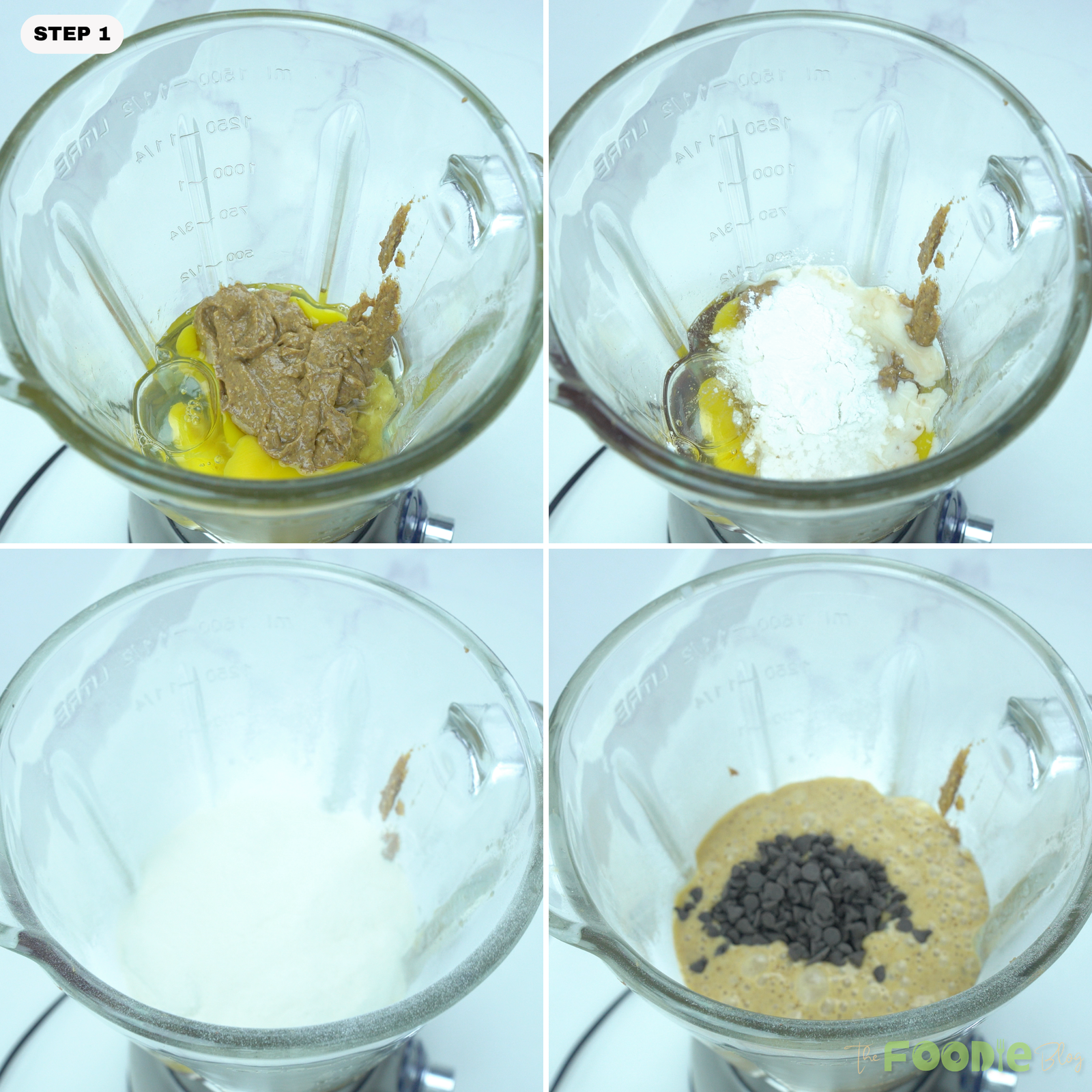 Blender with banana, eggs, almond butter, protein powder, almond milk, and chocolate chips being added for protein muffin batter.