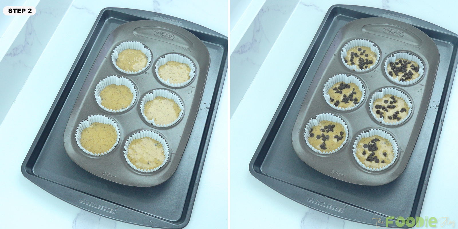 Muffin pan lined with paper cups filled with protein muffin batter and topped with chocolate chips before baking.
