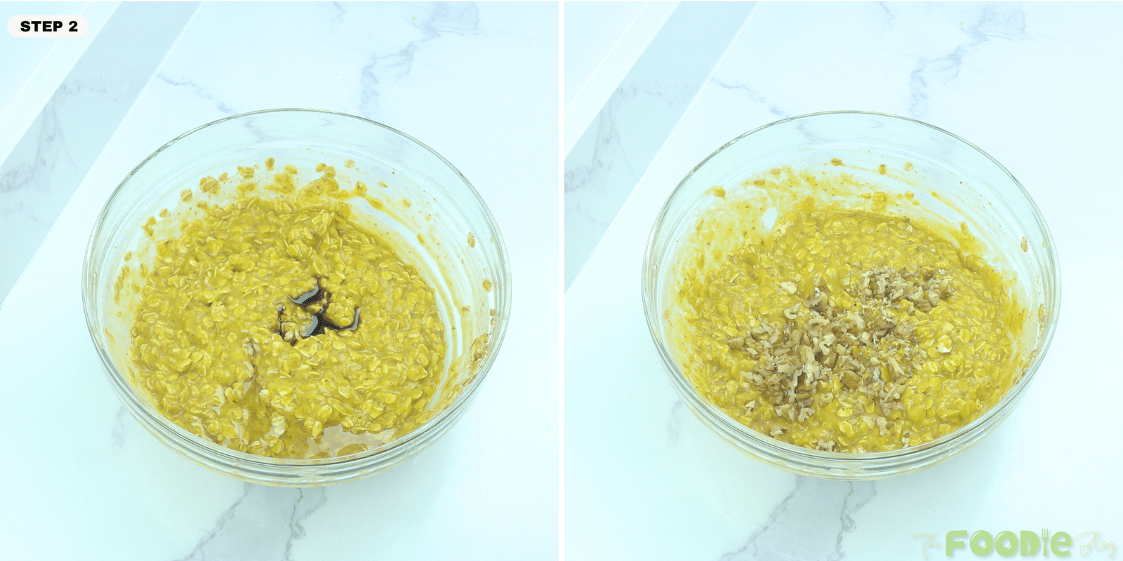 Pumpkin oatmeal mixture in a bowl with maple syrup and chopped nuts being added