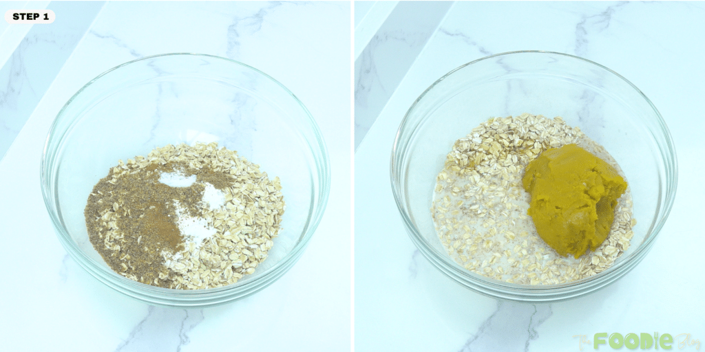 Rolled oats, baking powder, spices, and salt in a bowl, followed by almond milk and pumpkin added for pumpkin baked oatmeal