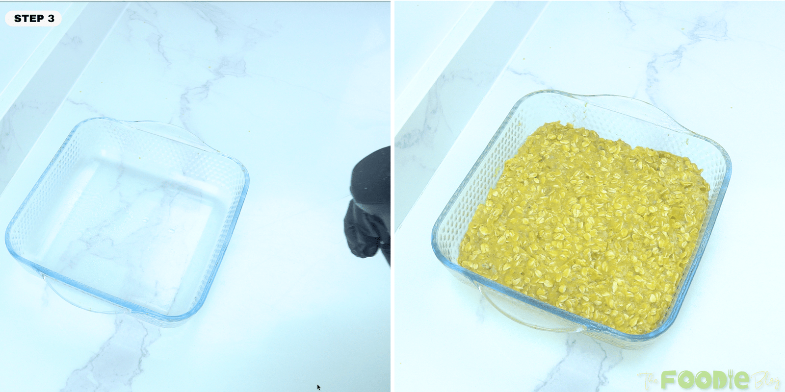 Cooking-sprayed square baking dish and pumpkin oatmeal mixture spread evenly inside before baking