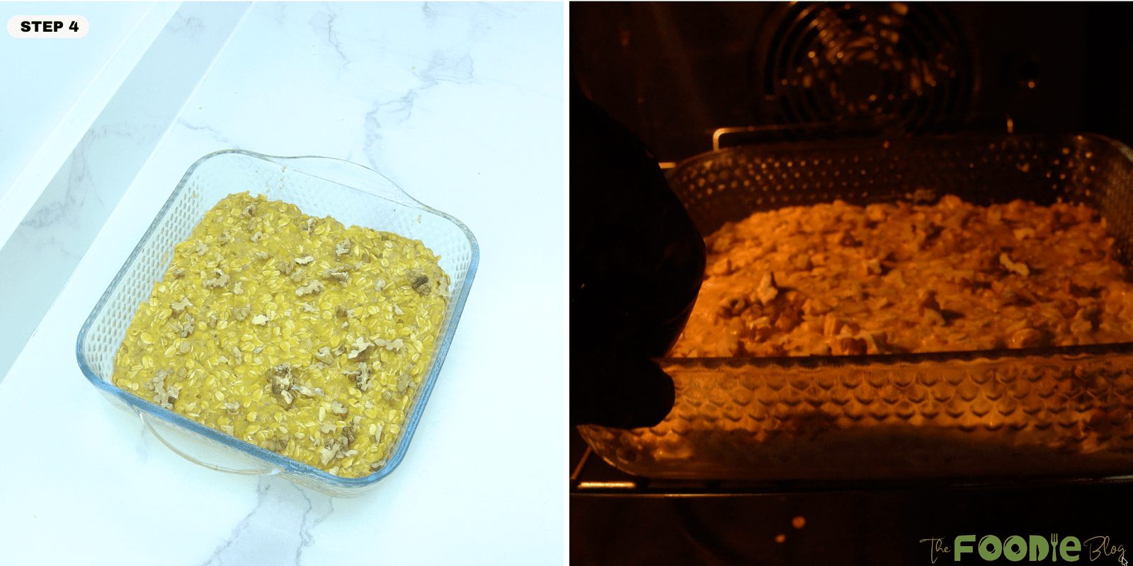 Pumpkin baked oatmeal mixture in a baking dish topped with chopped nuts, then placed into the oven