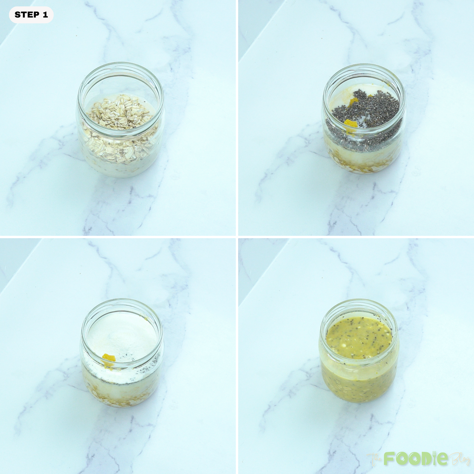 Step-by-step collage showing oats, almond milk, pumpkin puree, chia seeds, protein powder, and maple syrup mixed in a jar.
