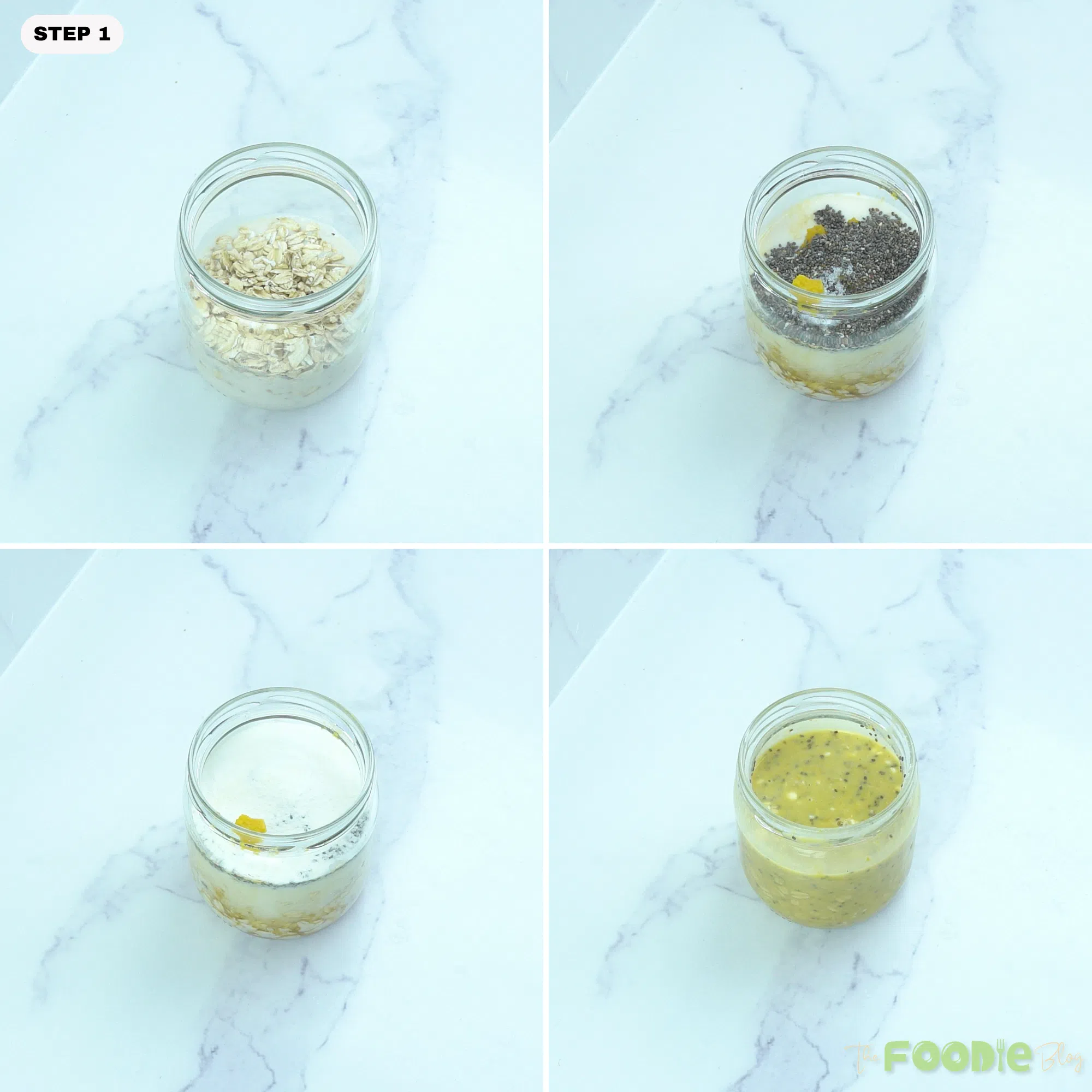 Step-by-step collage showing oats, almond milk, pumpkin puree, chia seeds, protein powder, and maple syrup mixed in a jar.