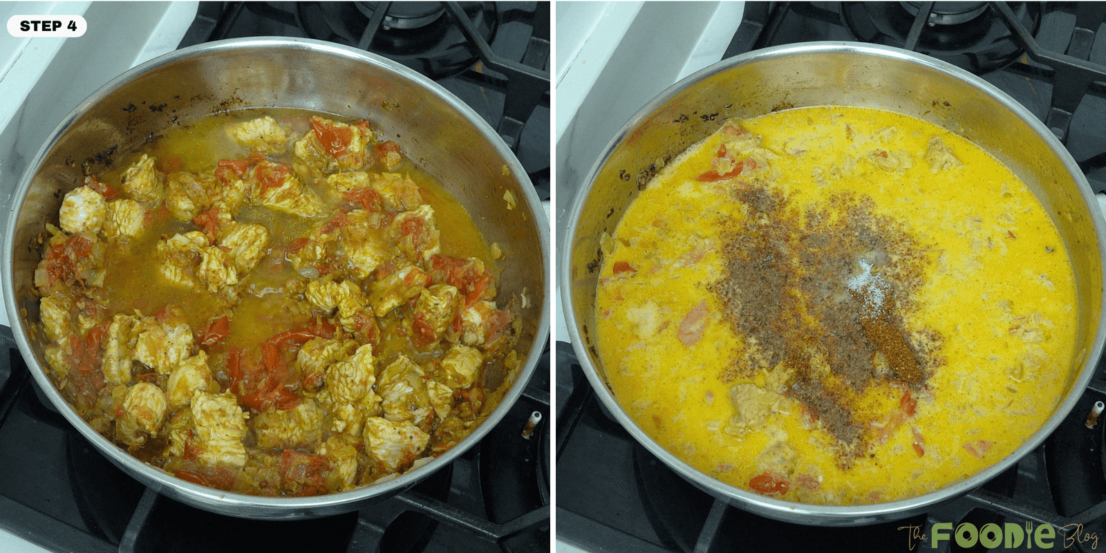 Chicken curry simmering in a pan with water, coconut milk, and extra seasoning added