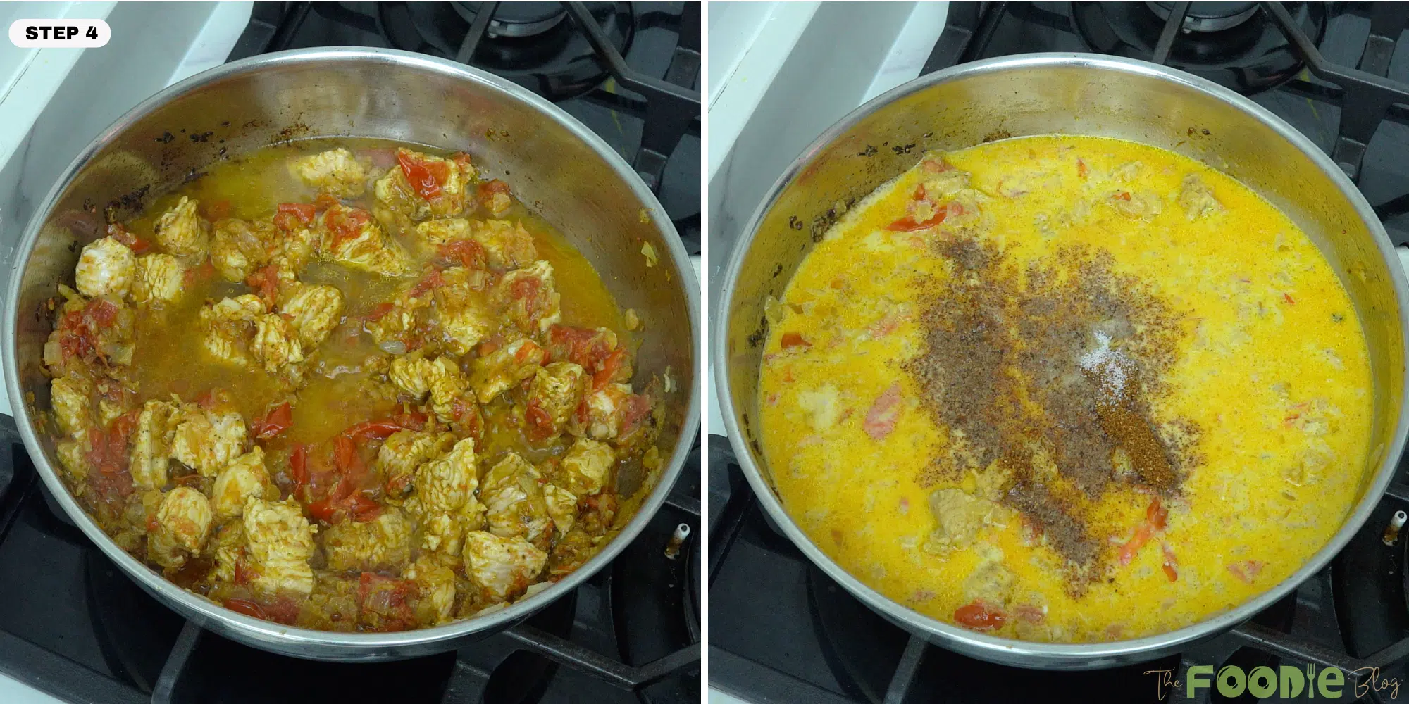 Chicken curry simmering in a pan with water, coconut milk, and extra seasoning added