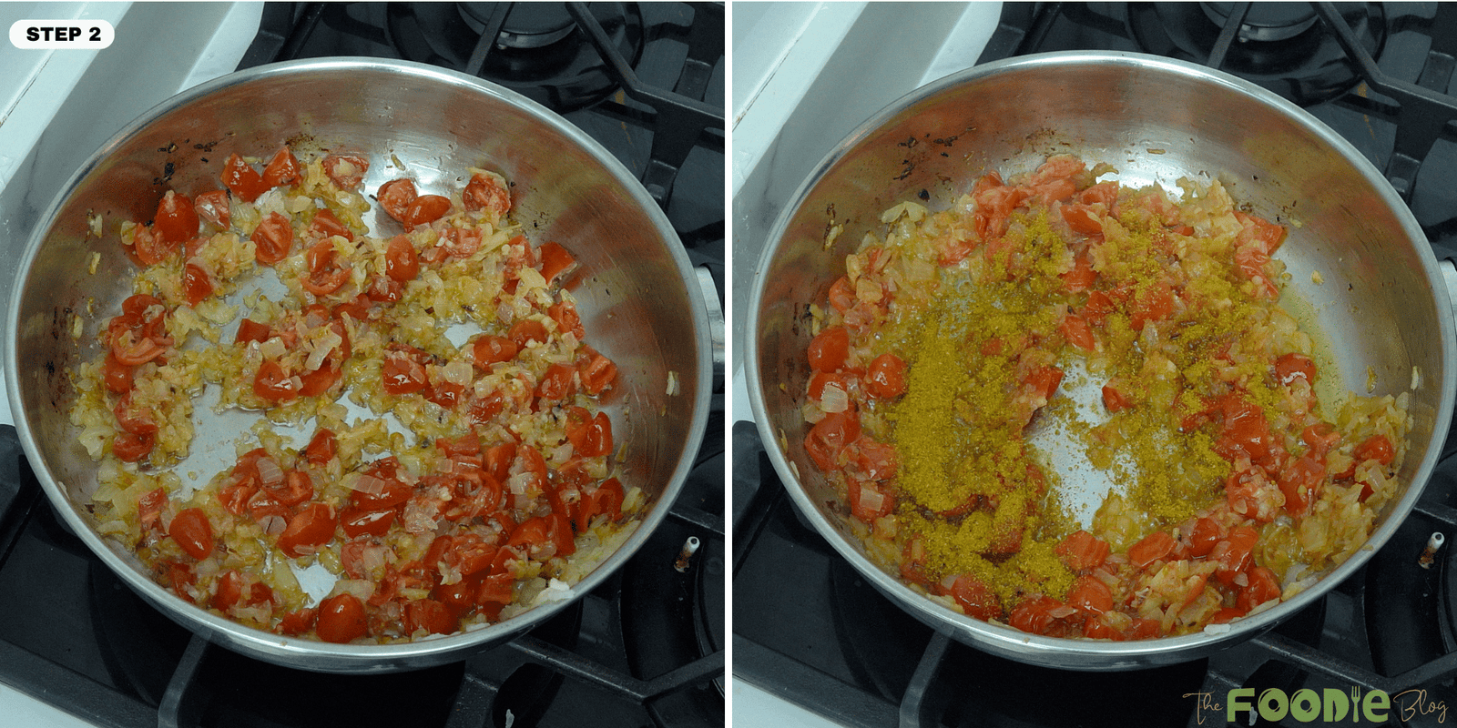 Tomatoes cooking with onions and ginger in a pan with curry powder added for quick and easy chicken curry