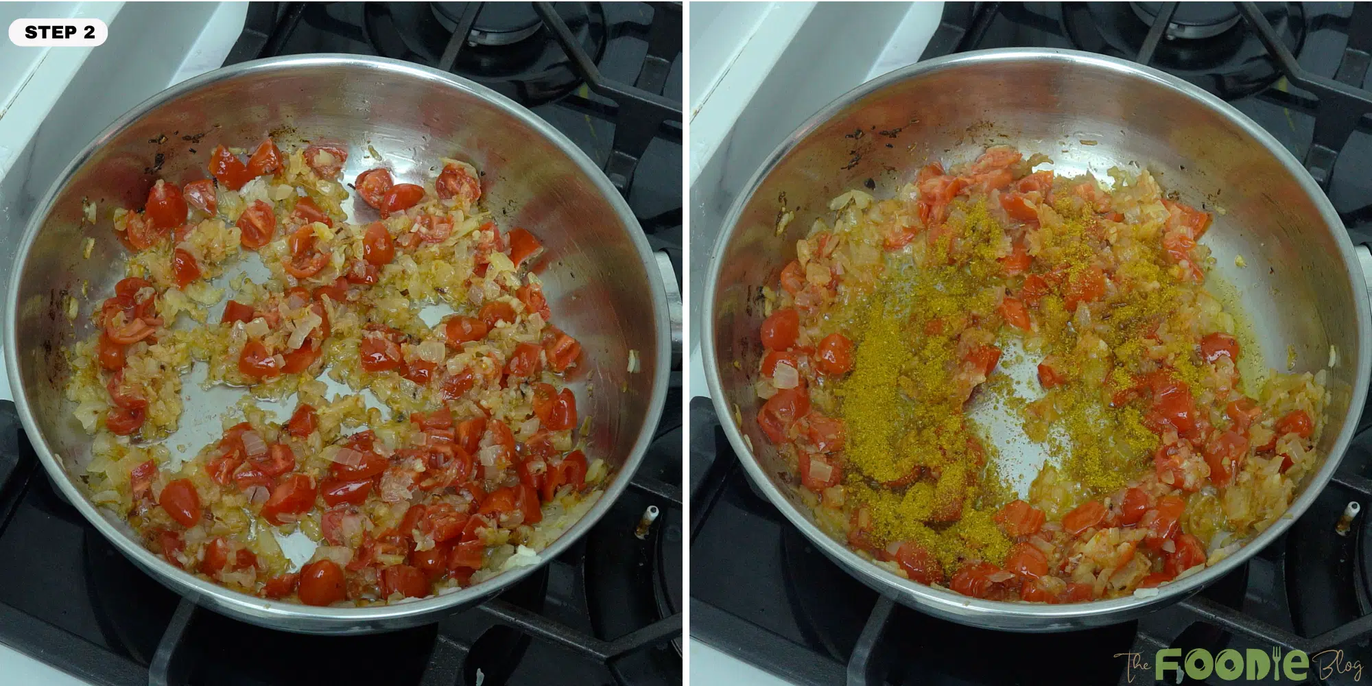 Tomatoes cooking with onions and ginger in a pan with curry powder added for quick and easy chicken curry