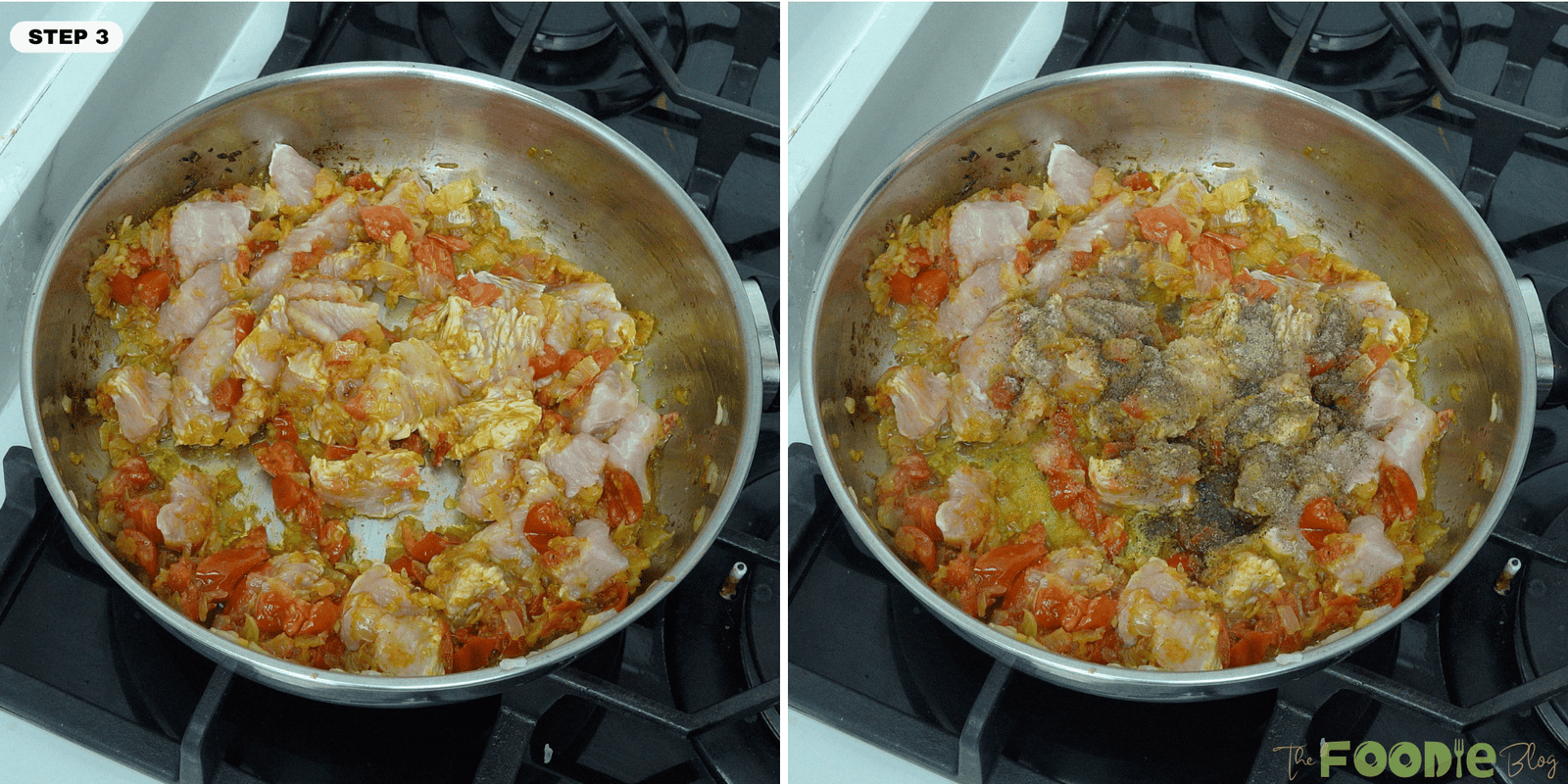 Cubed chicken cooking in tomato and onion mixture with seasoning for quick and easy chicken curry