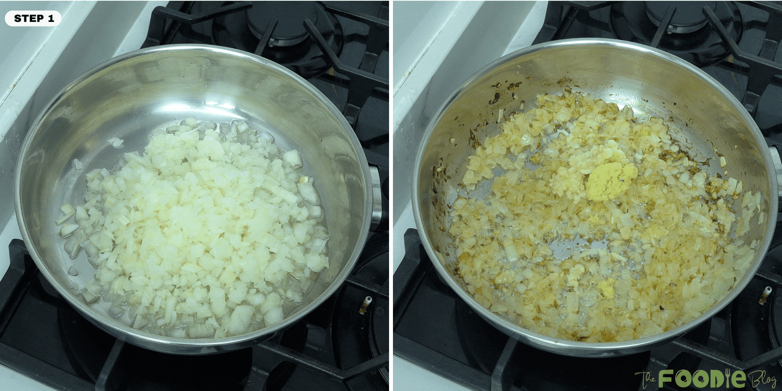 Chopped onions cooking in a pan with garlic and ginger for quick and easy chicken curry