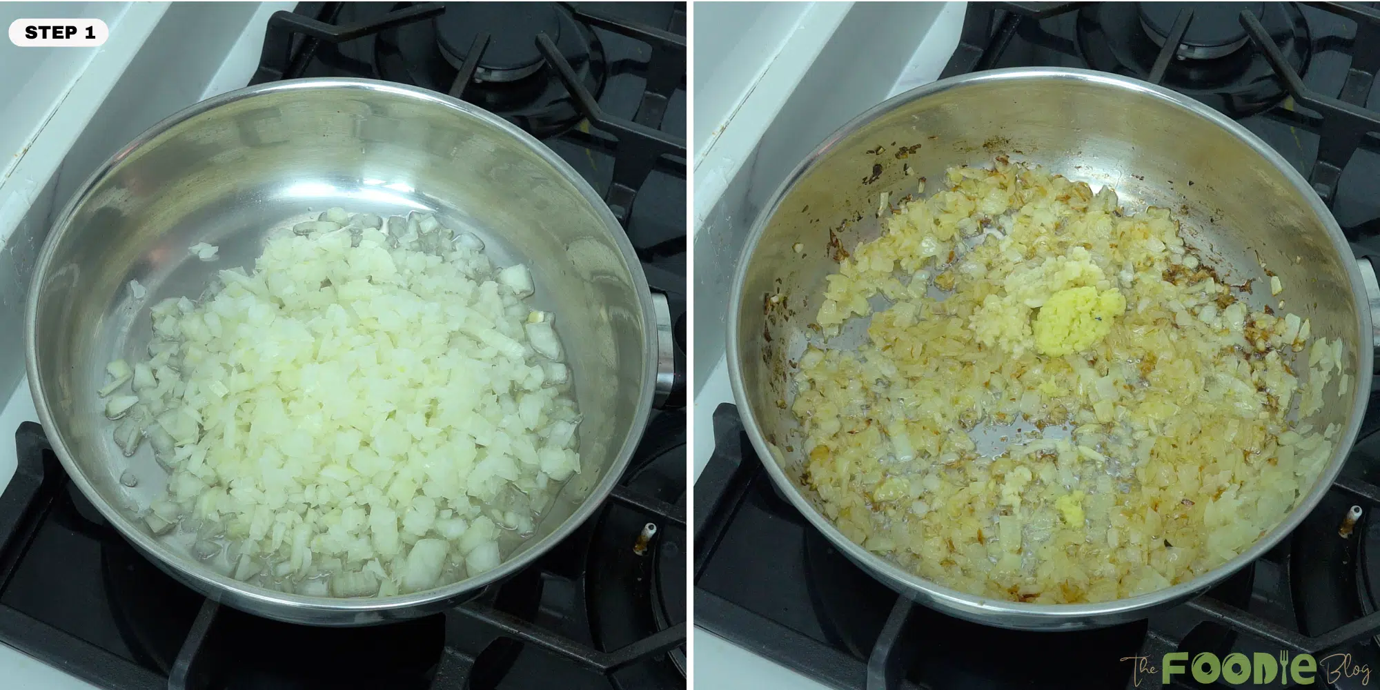 Chopped onions cooking in a pan with garlic and ginger for quick and easy chicken curry