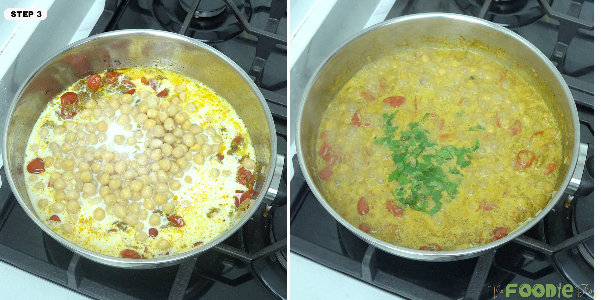 chickpeas and coconut milk simmering in a pan with cilantro added