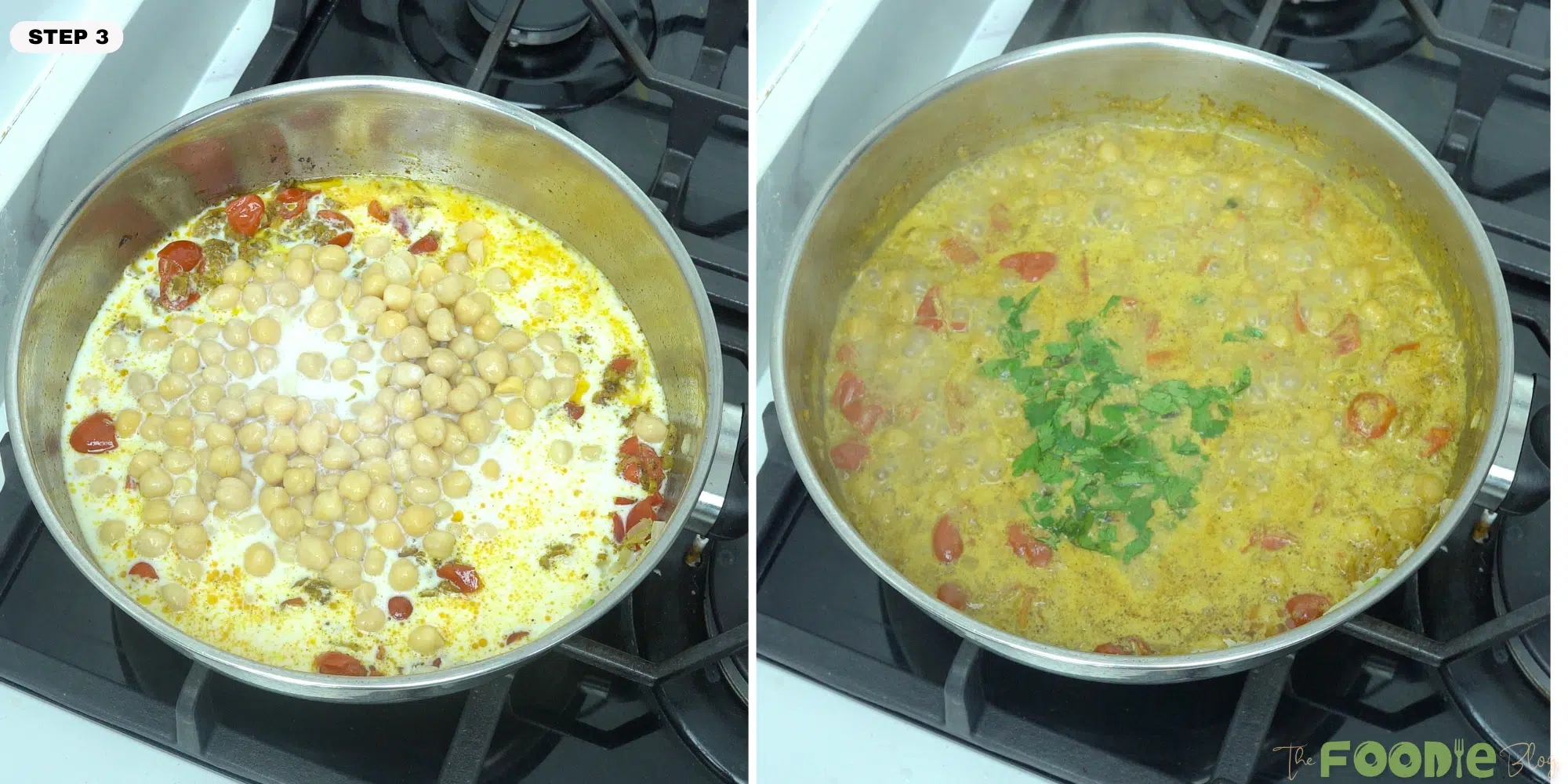 chickpeas and coconut milk simmering in a pan with cilantro added