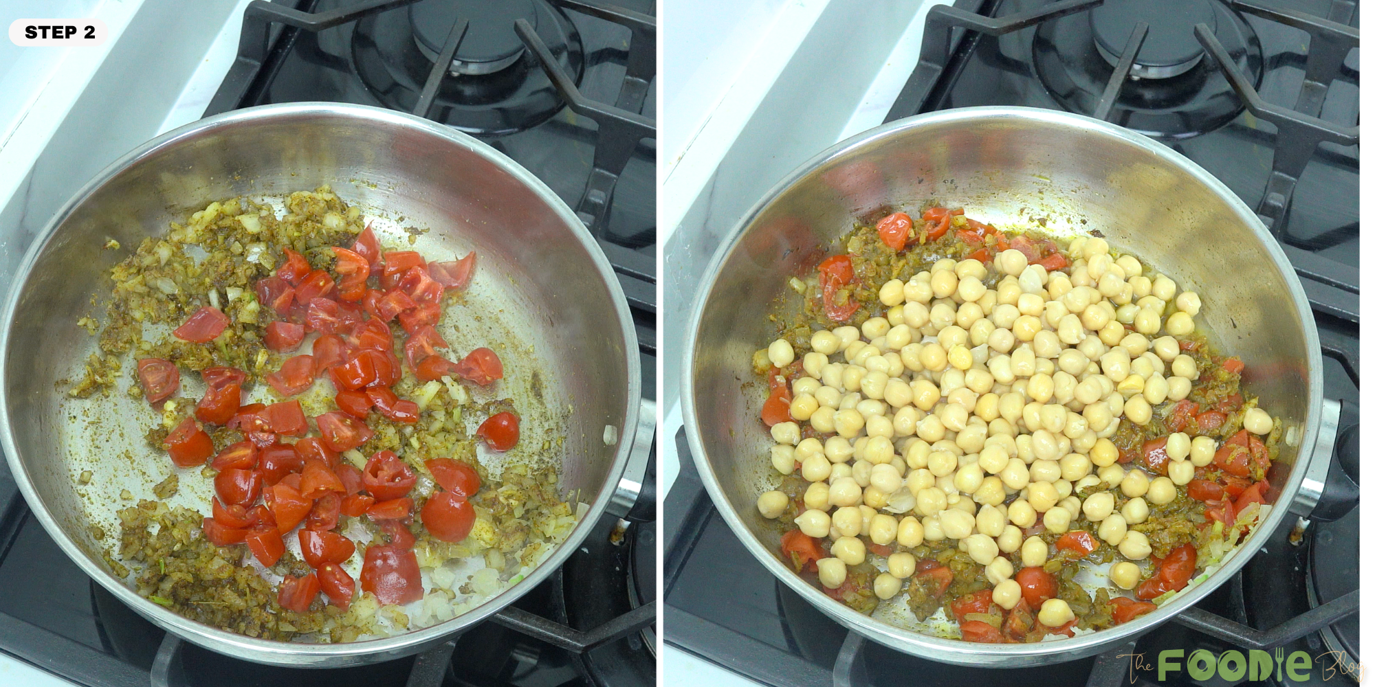 chopped tomatoes and chickpeas added to the spiced onion mixture in a pan