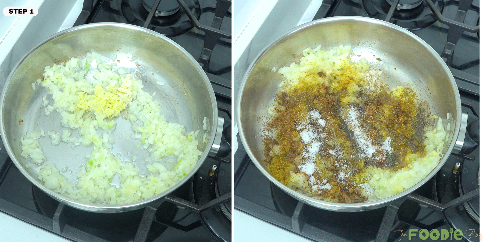chopped onion, garlic, and ginger cooking in a pan with spices added