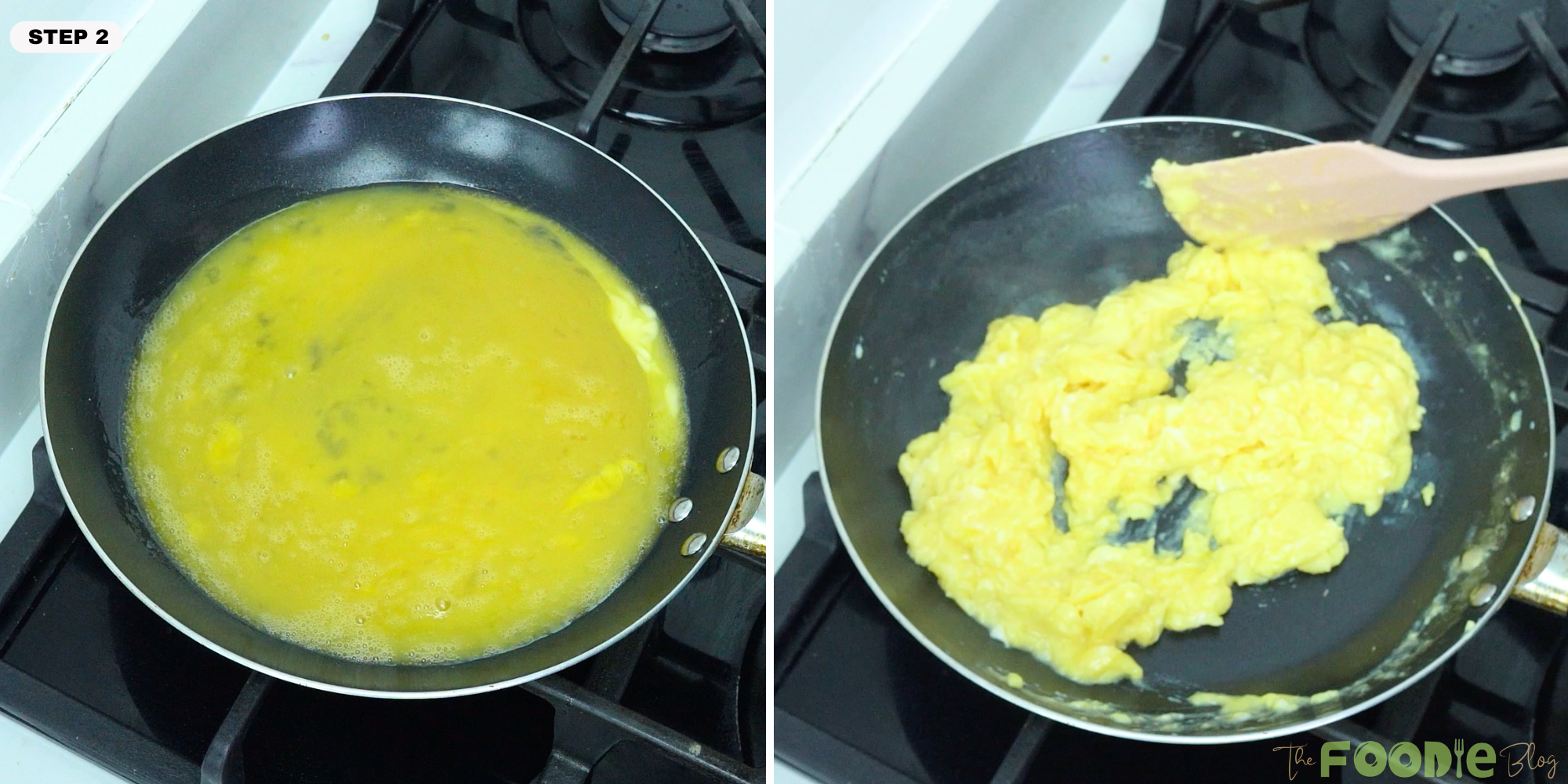 eggs cooking in a skillet and being stirred into soft scrambled eggs