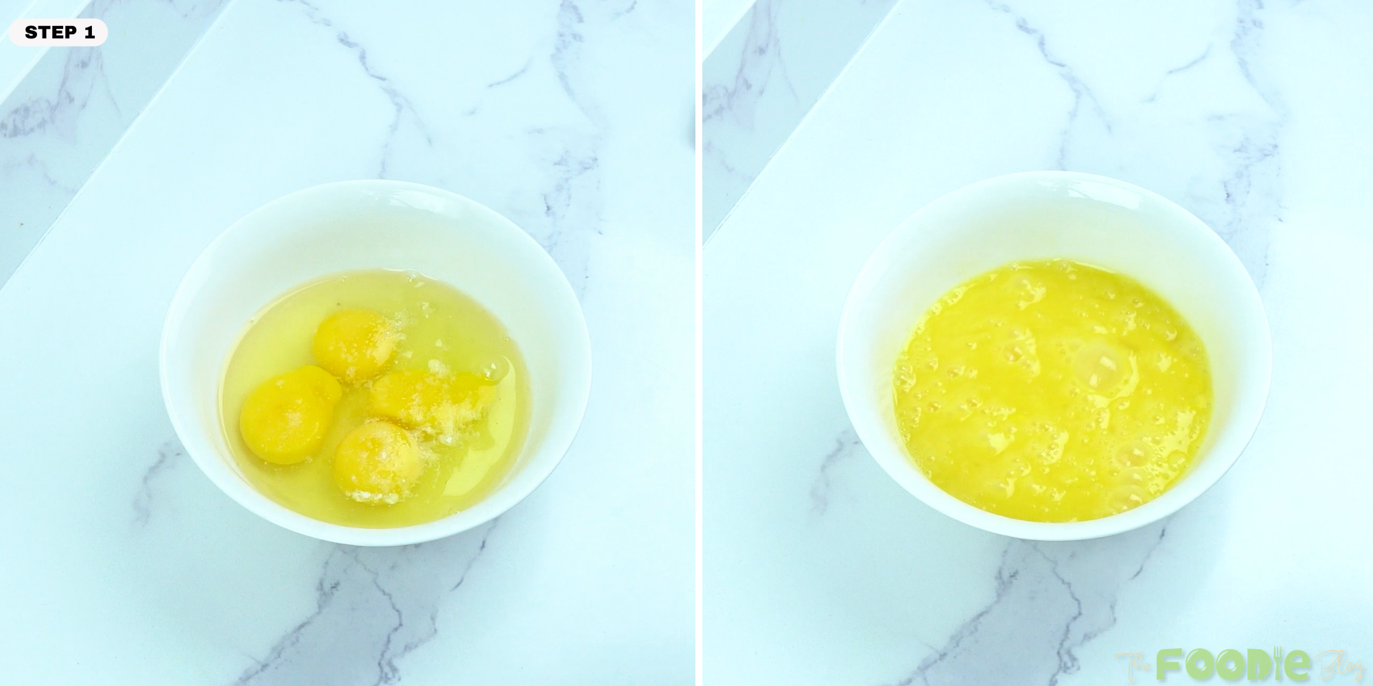 eggs in a bowl before and after whisking for scrambled eggs