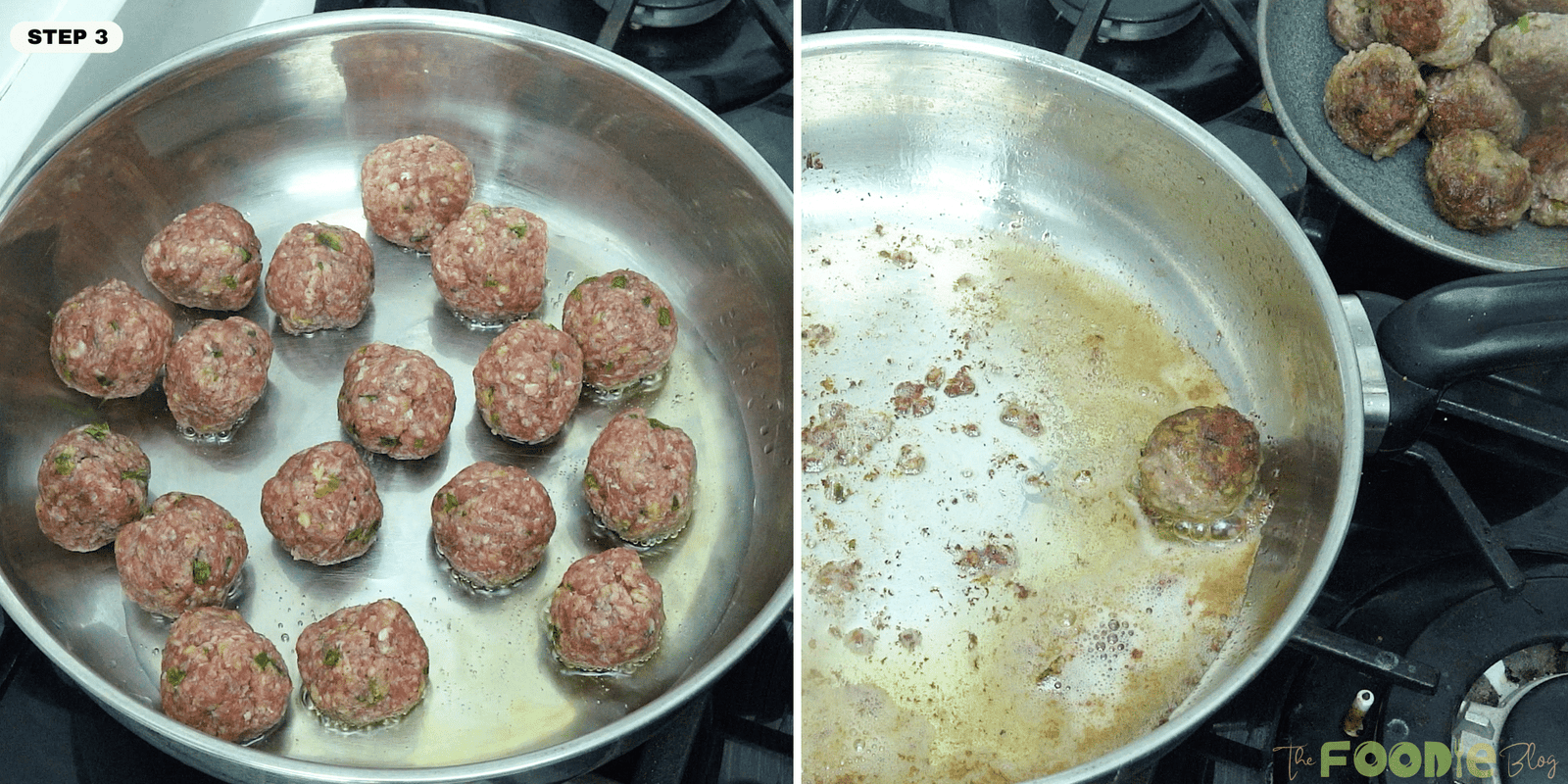 raw meatballs in a skillet and browned meatballs cooking in a pan