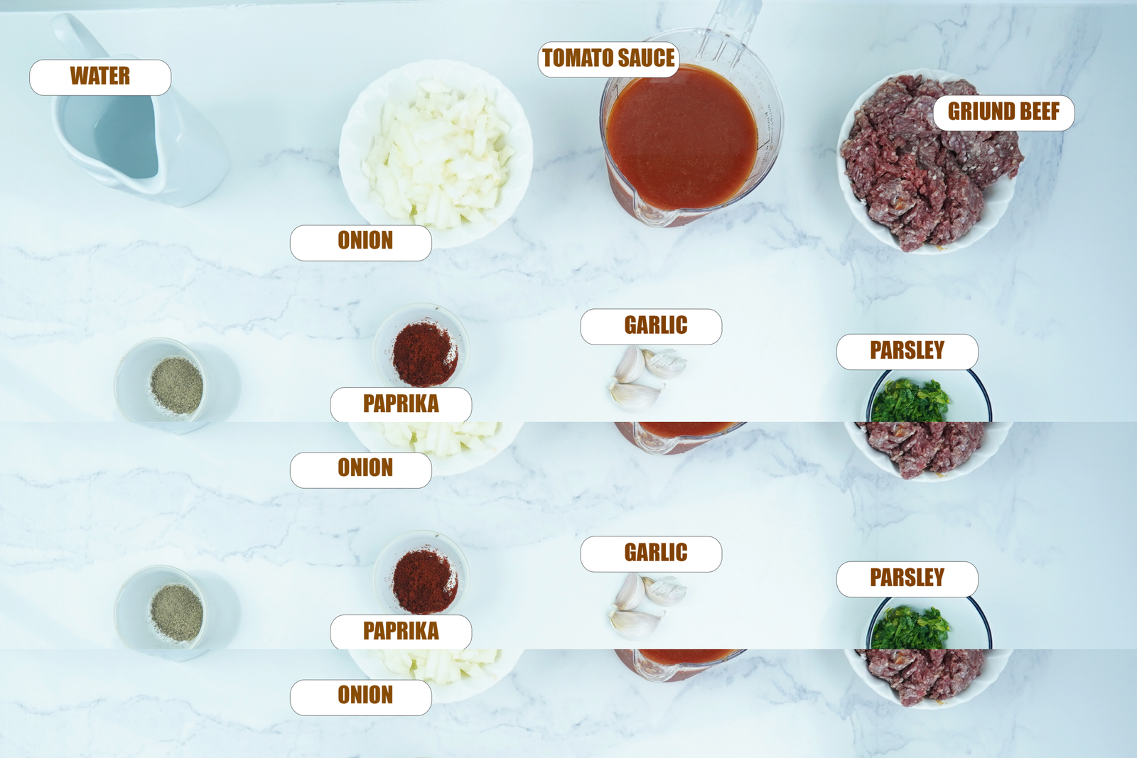 ngredients for spaghetti and meatballs recipe arranged on a white surface including ground meat, tomato sauce, onion, garlic, breadcrumbs, herbs, and spaghetti