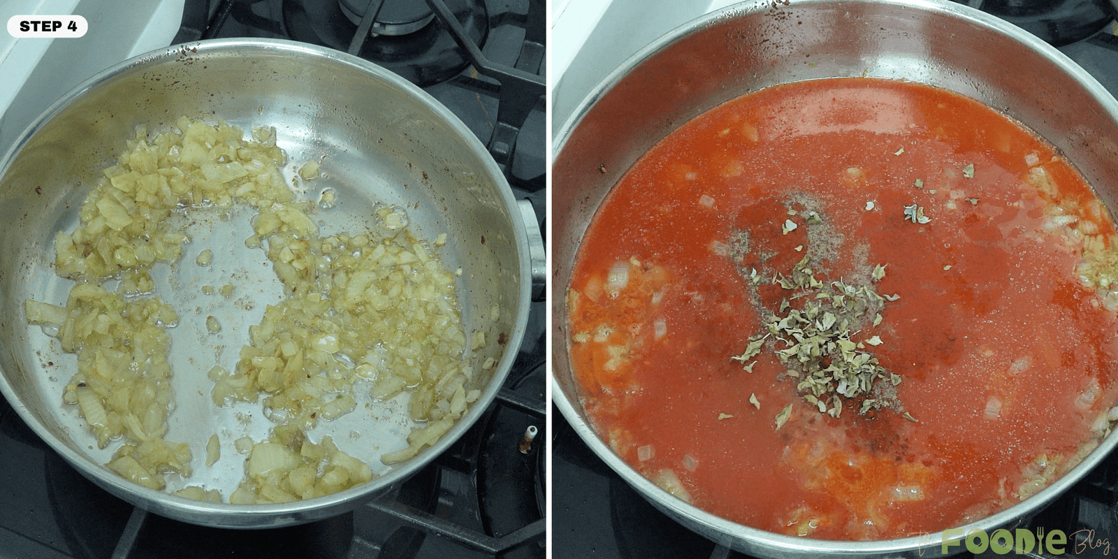 onions cooking in a skillet and tomato sauce added with oregano, paprika, salt, and pepper