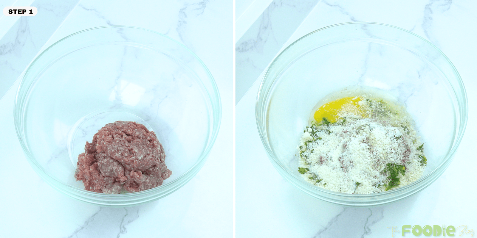 ground meat in a glass bowl, then mixed with egg, breadcrumbs, parsley, and Parmesan for meatballs