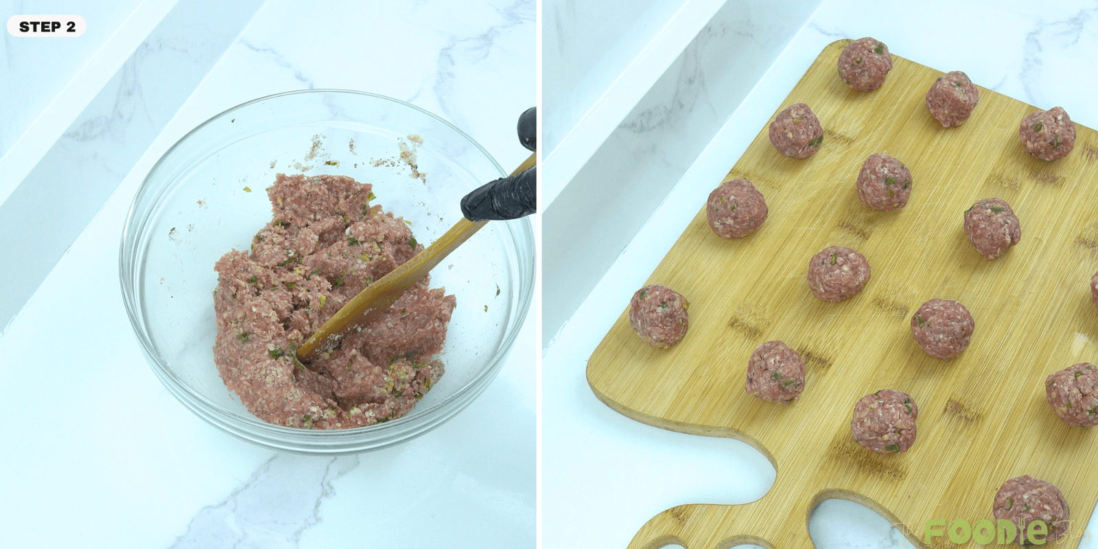 mixed meatball mixture in a bowl and small raw meatballs shaped on a wooden board