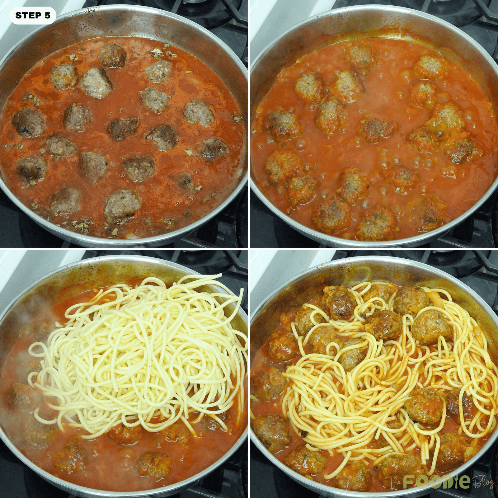 meatballs simmering in tomato sauce and cooked spaghetti added to the pan