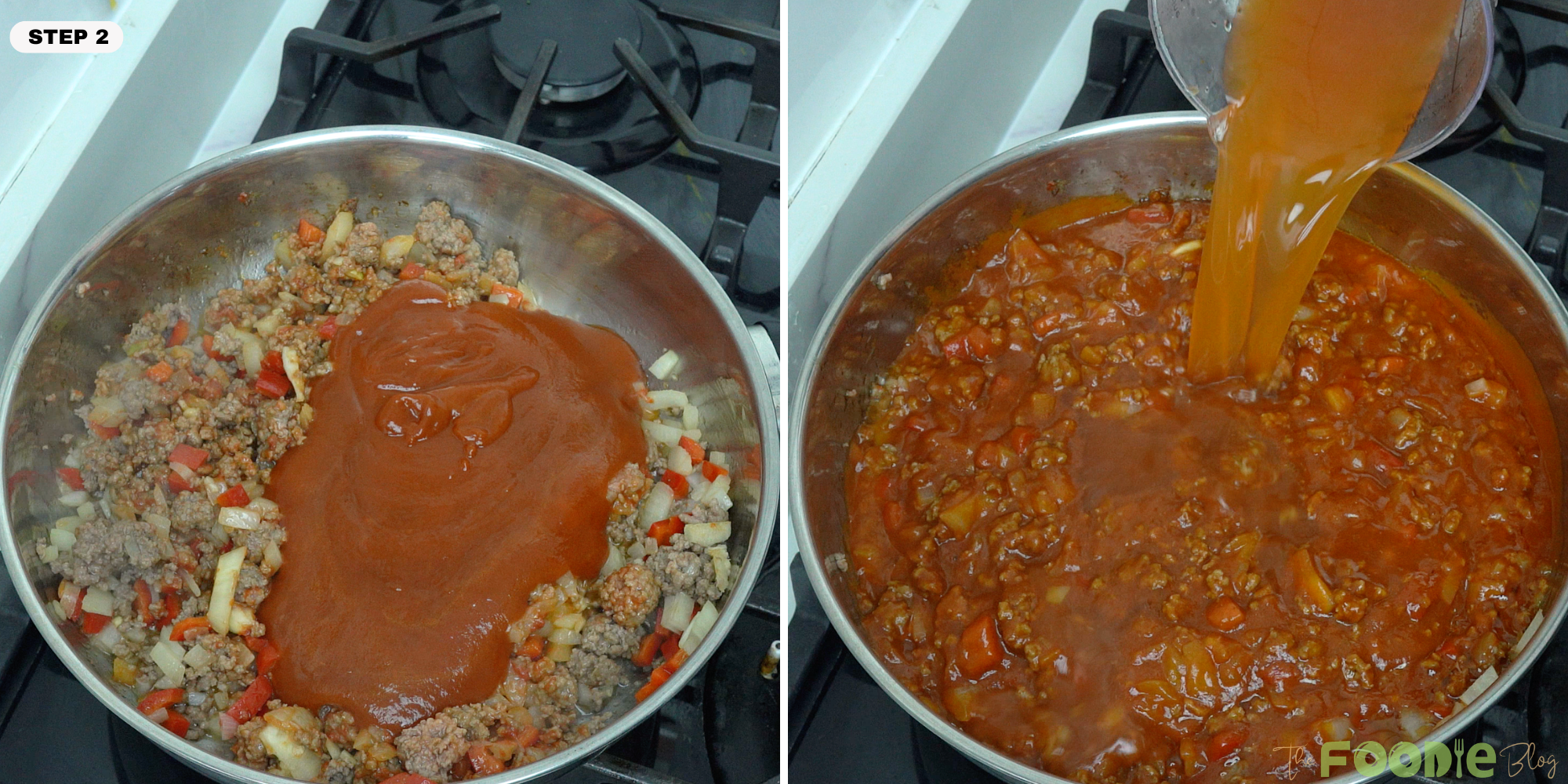 tomato sauce and water being added to cooked beef and vegetables in a skillet